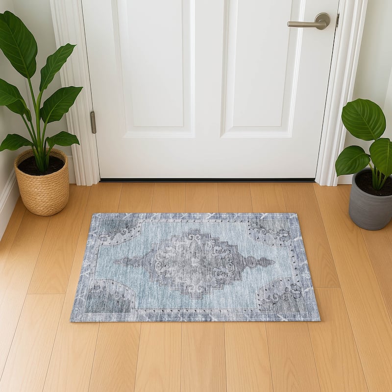 Premium Washable Super Soft Vintage Traditional Mayfield Rug - Sky - 1'8" x 2'6"
