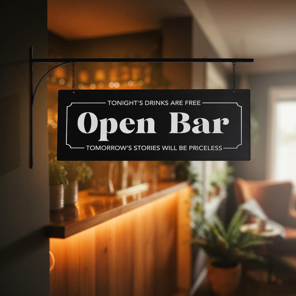 American Art Decor Double-Sided "Open Bar" Metal Sign - Vintage Home/Outdoor Bar Decor - 7.5" x 20"