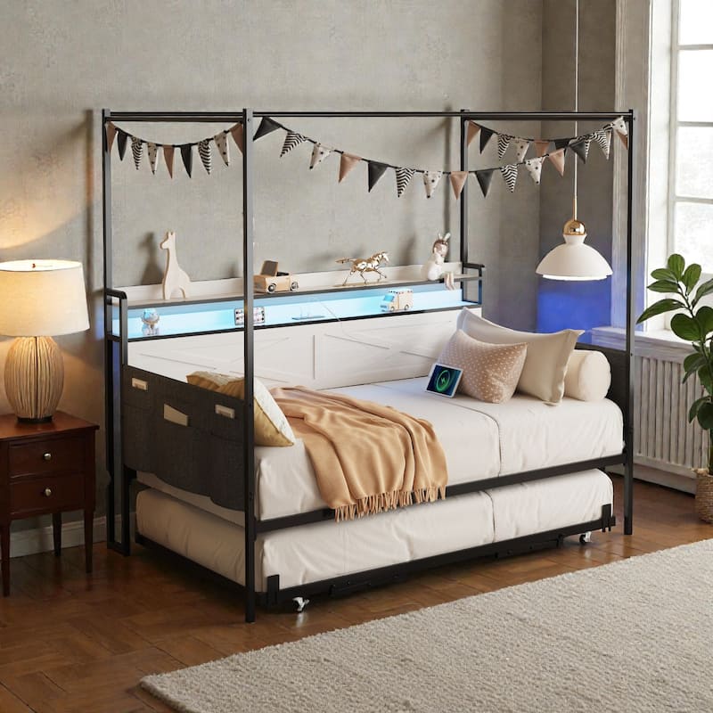 Twin Daybed with Trundle, Metal Daybed Frame with LED Lights and Charging Station, Guardrail Design - White - Twin