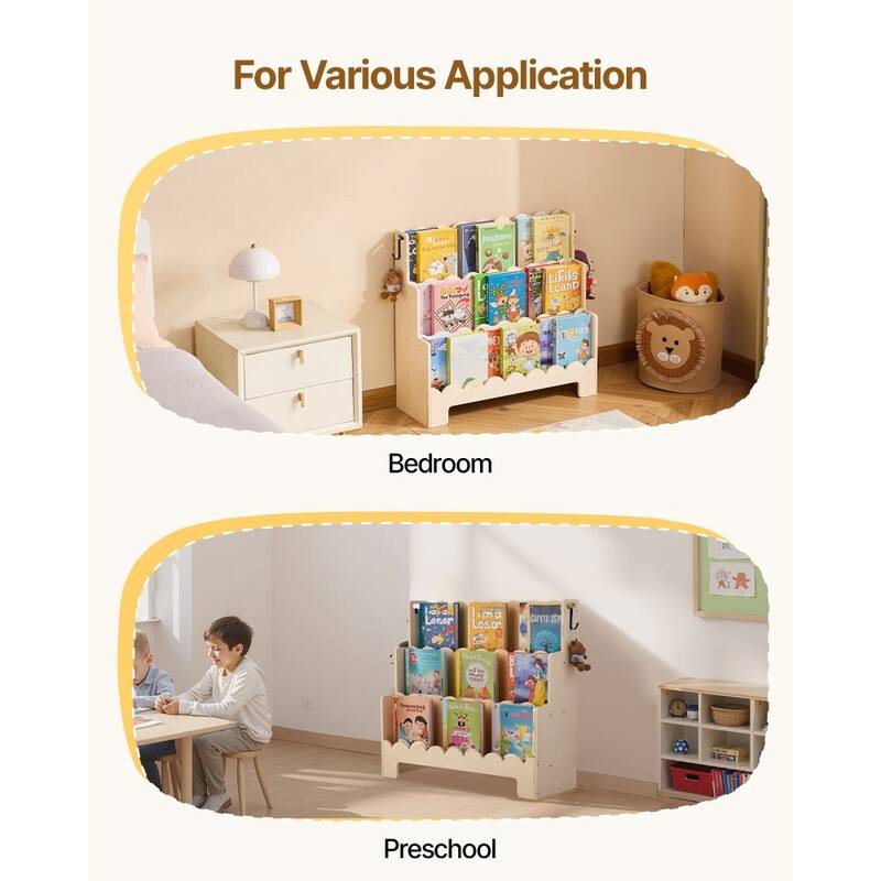 Natural Wood Kids Montessori Bookshelf with 3 Compartments and Side Hooks for Toys and Supplies - 29.53 x 10.63 x 27.56 in