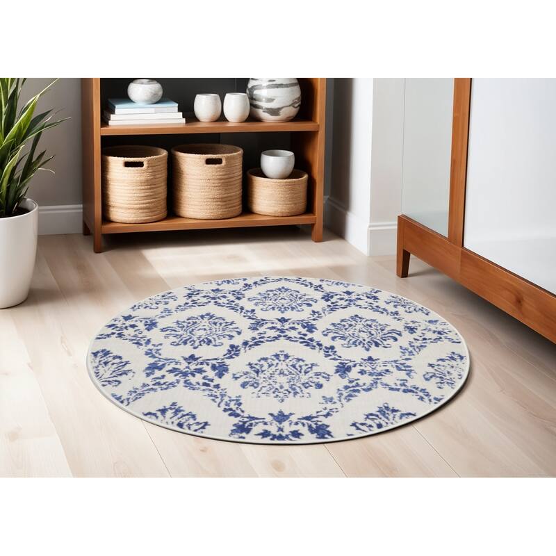 Gixek Power Loomed Distressed Geometric Stain Resistant Area Rug By HomeRoots - 60' X '60' X '0.39 - 60' X '60' X '0.39 - Oxford Blue - Round