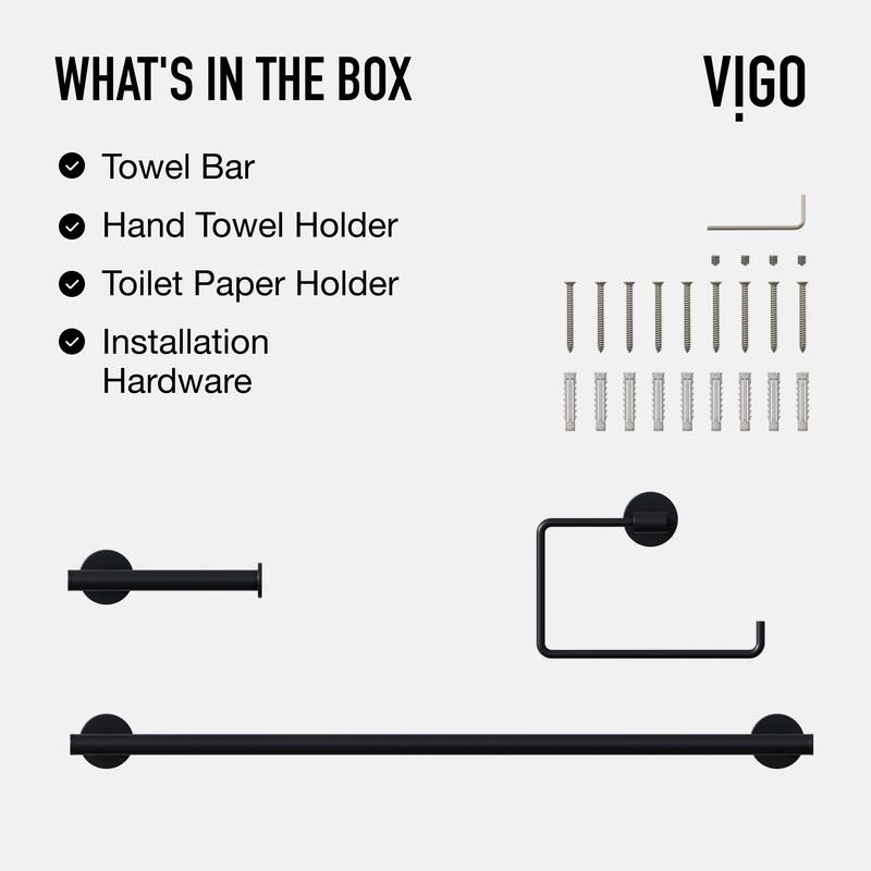 VIGO Elan 3-Piece Bathroom Hardware Accessory Set with 24 in. Towel Bar, Toilet Paper Holder, Hand Towel Holder