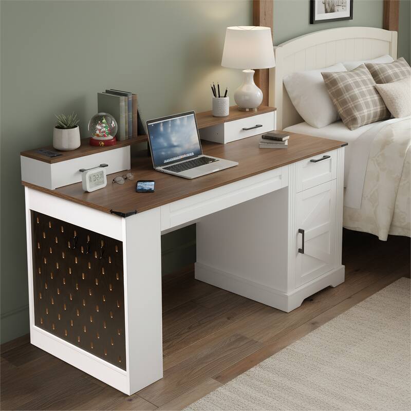 55" Farmhouse Office Desk with Storage Cabinet & Charging Station, Barn Door Design Computer Writing Desk