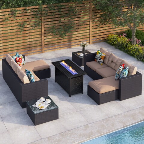 MakeYourDay 9-Pieces Fire Pit Rattan Sectional Sofa Set