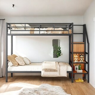 Twin Over Twin Metal Bunk Bed with Storage Ladder and Wardrobe