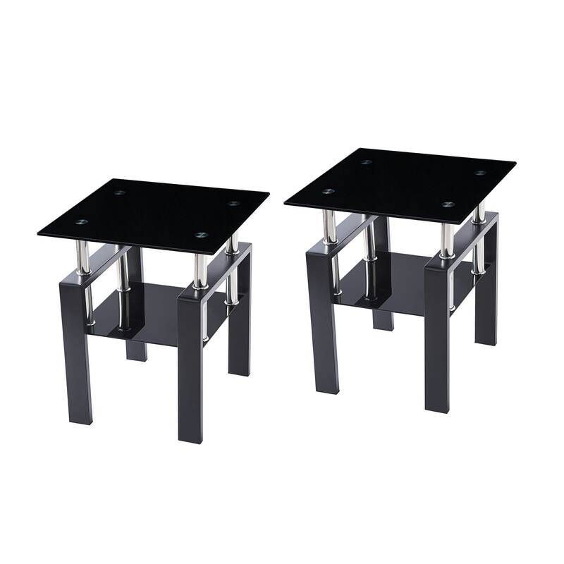 HomeRoots Set of Two Black Glass and Metal Square End Tables With Shelf - 17.72 in. x 20.48 in. x 17.72 in.