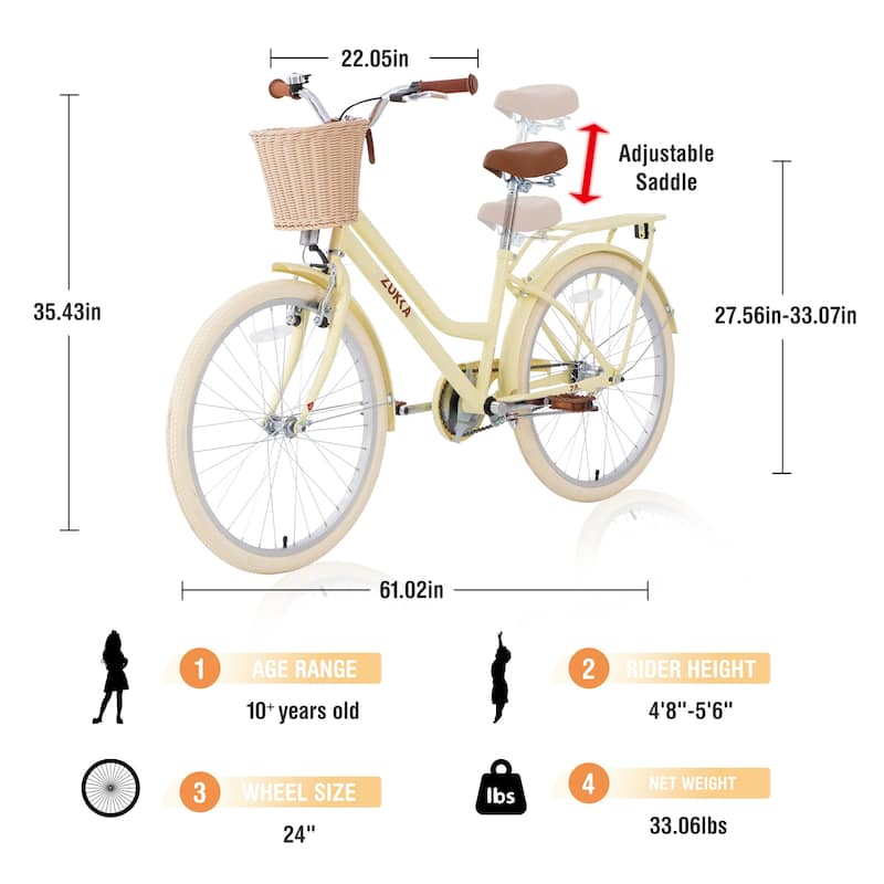 24 inch Outdoor Comfort Single Speed Bike, Steel Frame Road Cycling Bicycle w/Adjustable Genuine Leather Saddle for Kids & Teens