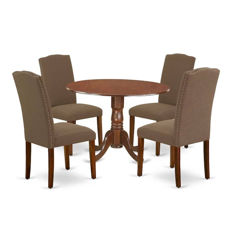 Round Kitchen Table Set 5pc 42" Table w/ Drop Leaves & 4 Parsons Chairs - Rustic Dining Set