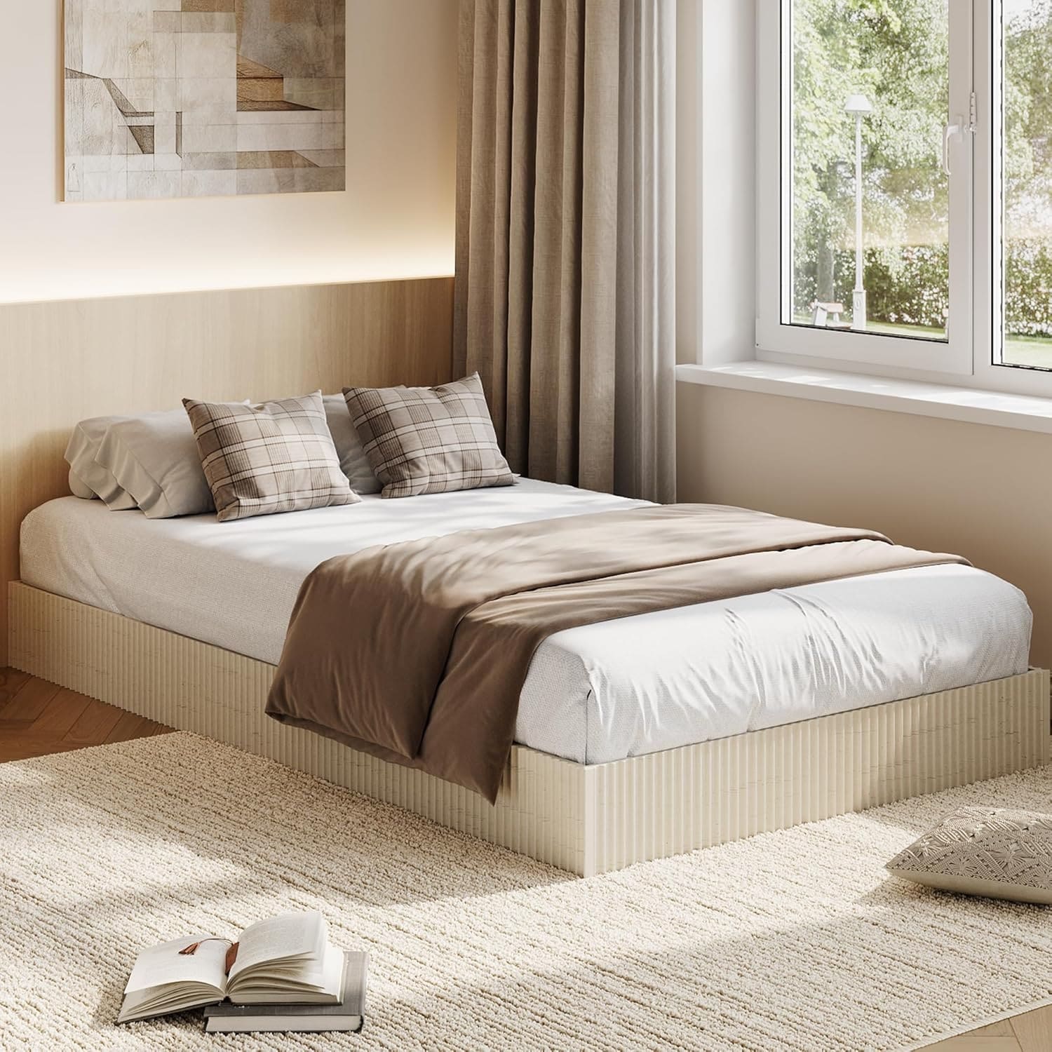 Twin Wood Platform Bed Frame, Fluted Wood Design, Solid Support Slats, Easy Assembly, Oak