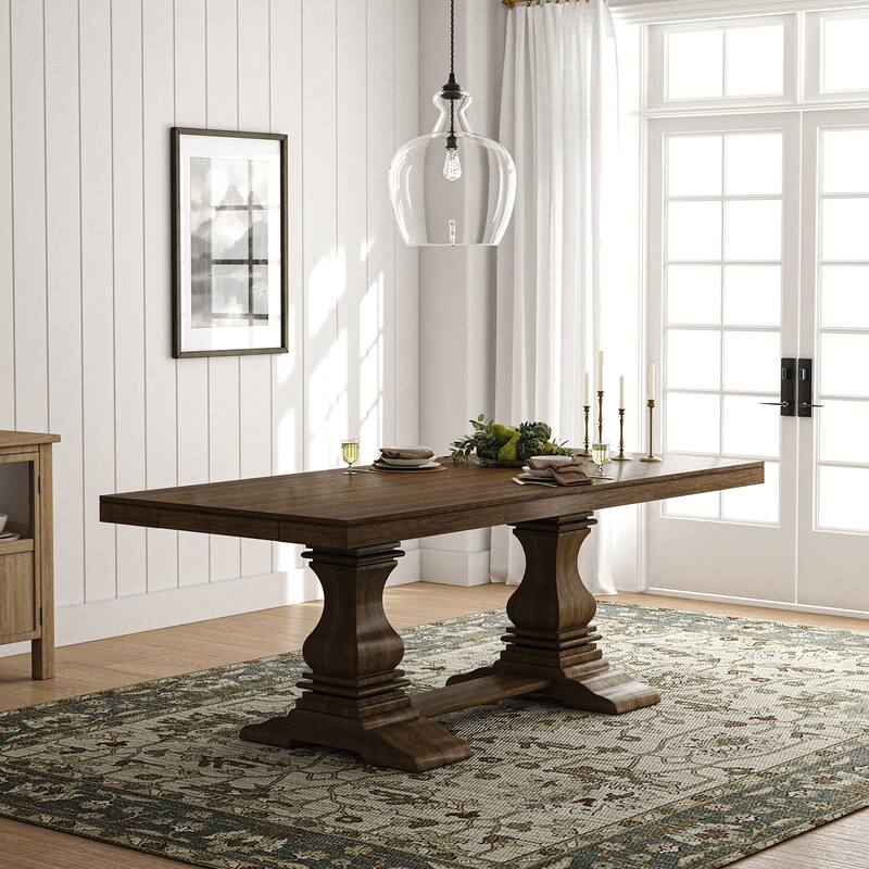 Pawel 86" Farmhouse Double Pedestal Dining Table with Two Built-in Divided Drawers by HULALA HOME