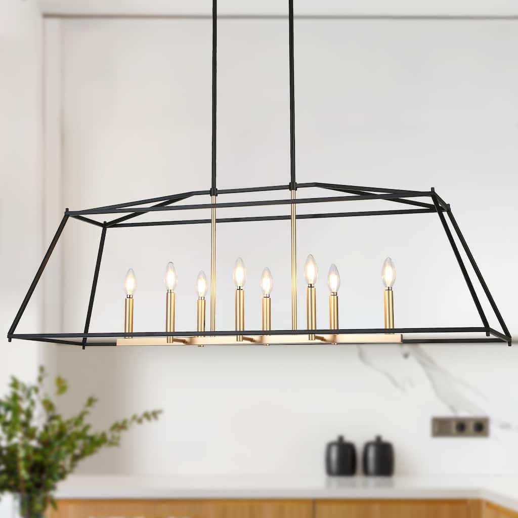 Modern 8-Light Black Gold Chandelier Trapezoidal Design Kitchen Island for Dining Room - 47.2 " L × 14.5 " W × 15.9 " H