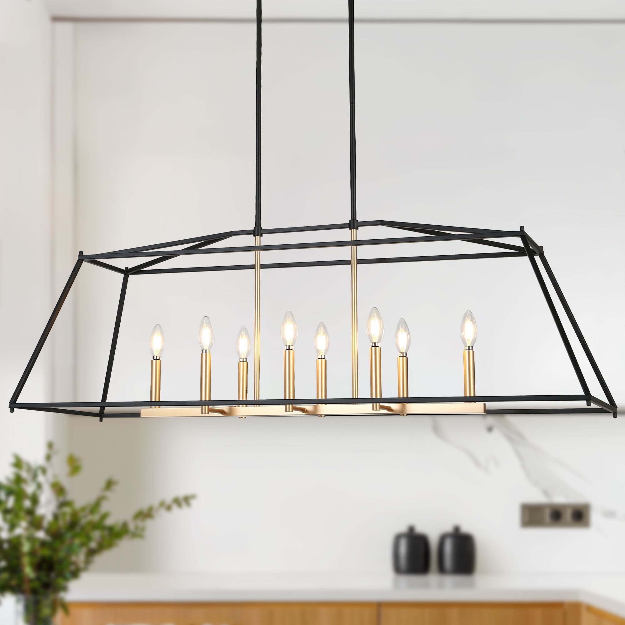 Modern 8-Light Black Gold Chandelier Trapezoidal Design Kitchen Island for Dining Room - 47.2 " L × 14.5 " W × 15.9 " H