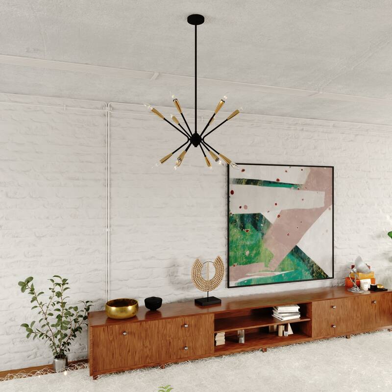 Ellis 12L Black and Brass Sputnik Mid-Century Modern Pendant Light - 25.25-in W x 23.75-in H x 25.25-in D