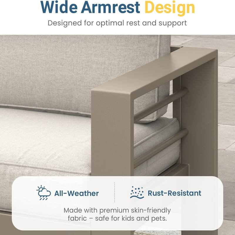 Set of 2 28" Metal Patio Armchairs with Thick Beige Cushions Khaki Frame