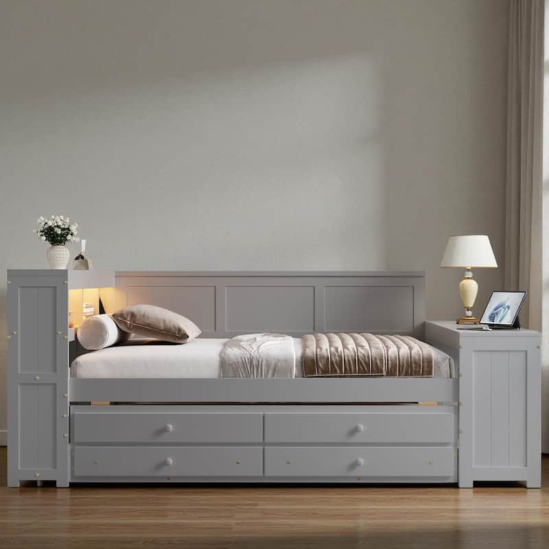 Full Size Daybed with Storage Shelves, Drawers, Trundle, Desk, Cabinet, LED Light and Charging Station, Pine Wood Frame - Grey - Full