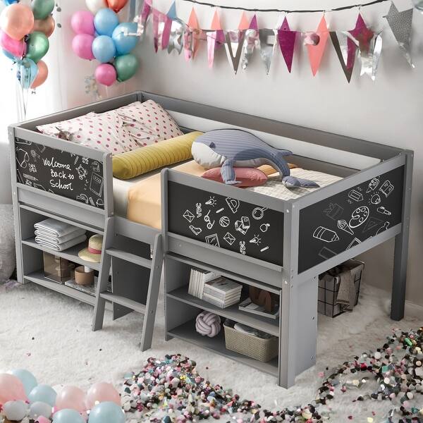 slide 2 of 18, Twin Low Loft Bed with Movable Shelves and Chalkboard Guardrail