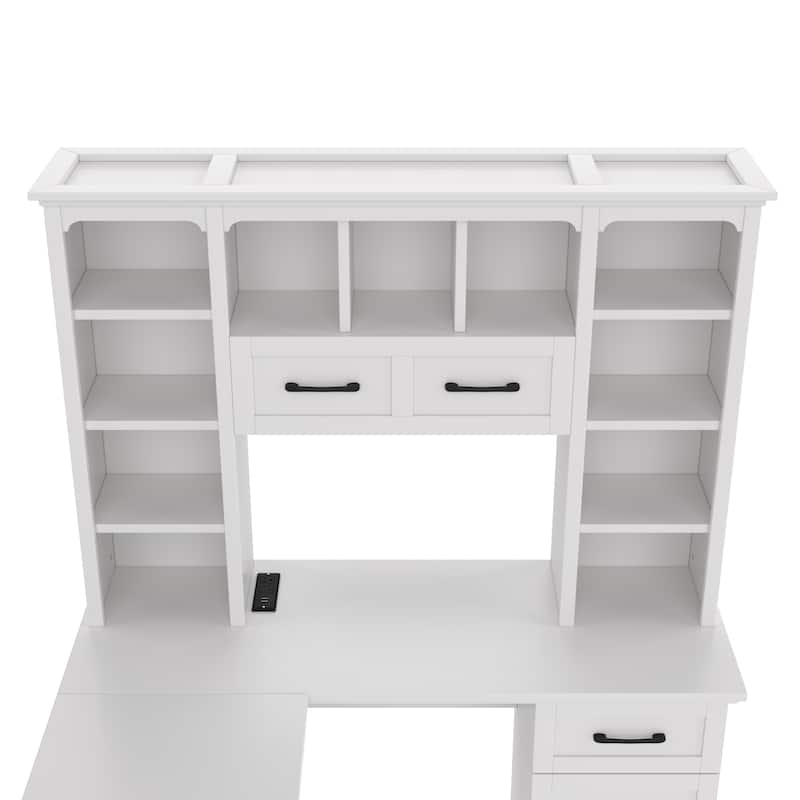 Computer Desk with 2 Cabinets, 2 Drawers & 11 Shelves, L-Shaped Corner Home Office Desk, Gaming Computer Desk with Power Outlet