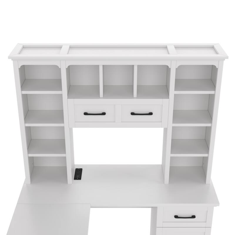 Roomfitters L-Shaped Computer Desk with Hutch, 2 Cabinets, 2 Drawers and 11 Open Shelves, with Power Outlet