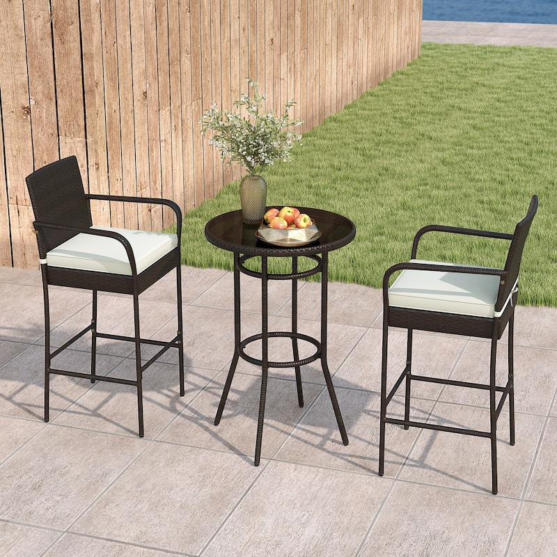 Outdoor Patio Bar Set 2 Barstools 1 Table PE Wicker Metal Frame Cushioned Backyard Furniture - 17.5" W x 21" D x 46" H
