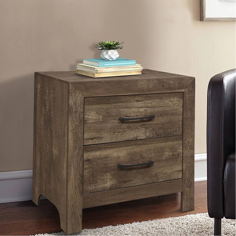 2 Drawer Rustic Wooden Nightstand with Block Legs, Brown - Brown - 2-drawer