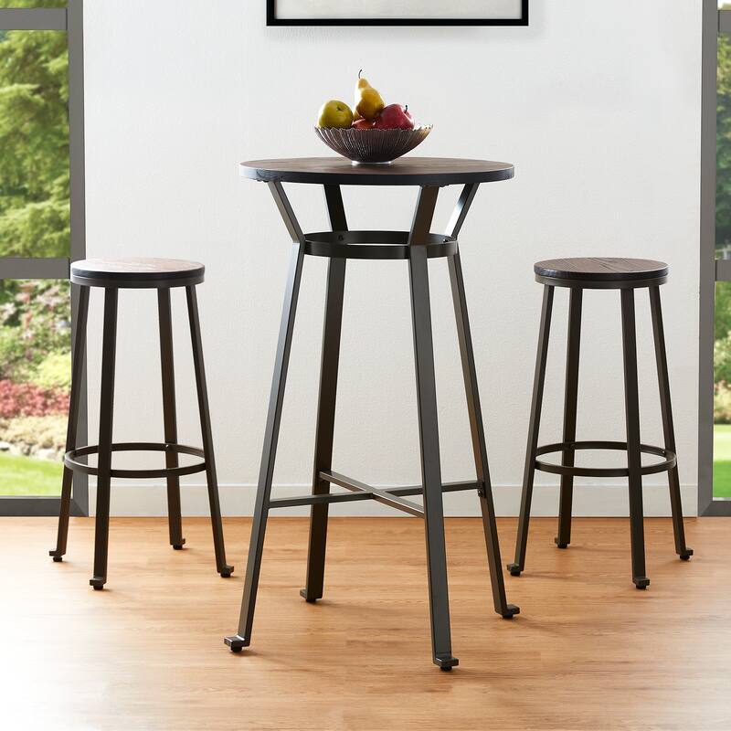 Glitzhome Farmhouse Elm Wood Top Steel Bar Stools Table Pub Set - Brown Pub Set (1Table+2Stools)