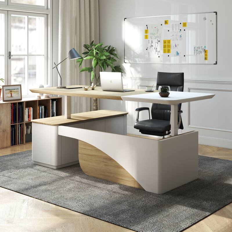 WESOME White Adjustable L Shaped Desk with LED Power Outlets, Electric Sit and Stand Desk