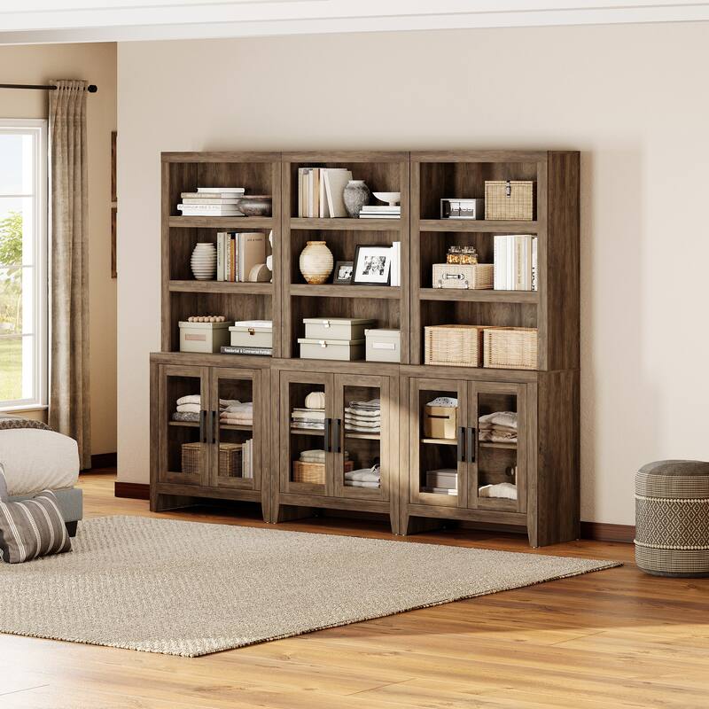 WAMPAT 3 Tier Bookshelf with Glass Door, 74" Tall Bookcase with Adjustable Shelf and Storage Cabinet, Farmhouse Wooden Bookshelf