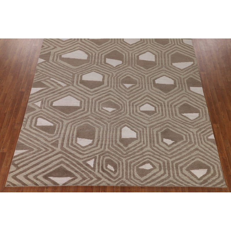 Geometric Indo Modern Area Rug Handmade Wool Carpet - 8'11"x 11'9"