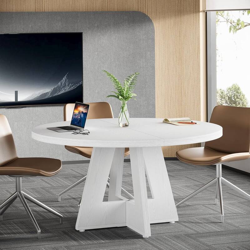 47" Round Conference Table Meeting Room Table with Thickened Top Wood Base Modern Training Desk for Conference/Seminar Room