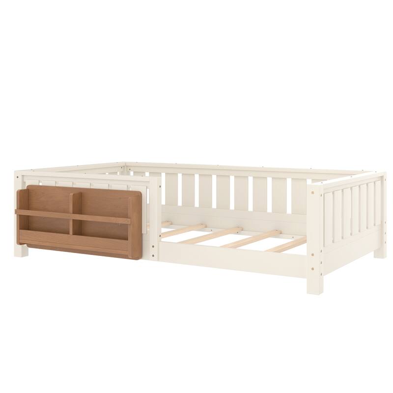 Montessori Floor Bed Low Profile Kids Bed with Rails & Bookshelf