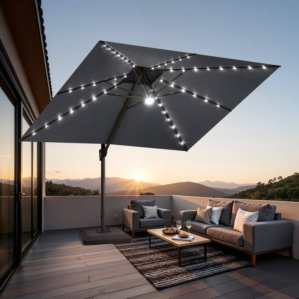 Solar-Powered LED Light 11 FT Aluminum Patio Cantilever Umbrella with Base