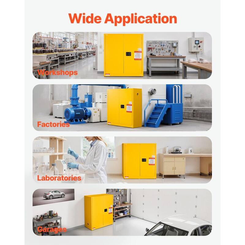 29 Gallon Heavy Duty Yellow Fireproof Cabinet for Flammable Liquids with Adjustable Shelves - 43” x 18.1” x 46.4”