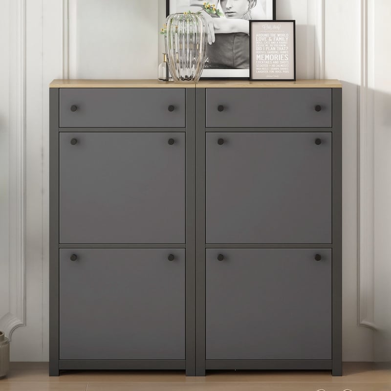 Grey Slim Shoe Cabinet Set with Flip Drawers,Shoe Storage with