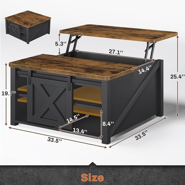 dimension image slide 0 of 4, Coffee Table Lift Top Square Center Table Barn Door Adjustable Shelves