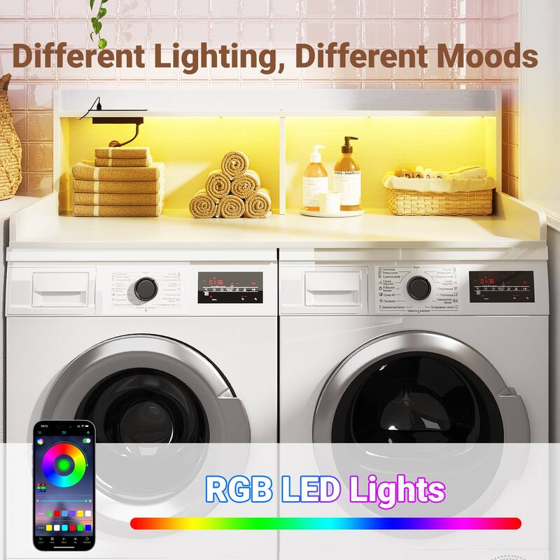 54" x 27.4" Laundry Countertop for Washer and Dryer with Non-Slip Pads，LED Lights，Power Outlets