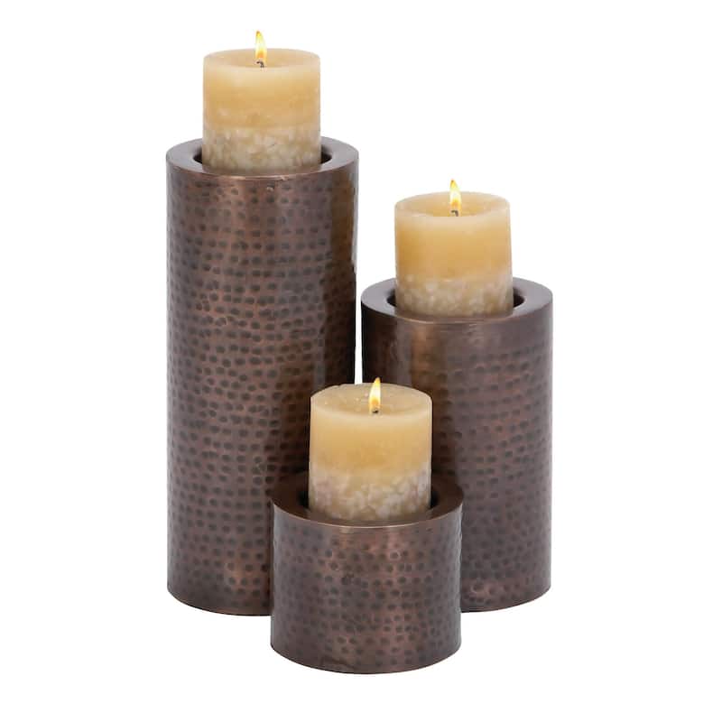 Metal Handmade Pillar Decorative Candle Holder - Set of 3 Brown - Roche River Decor - Brown - 11", 7", 4"H