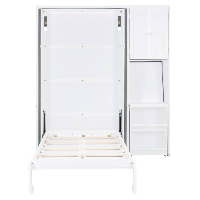 Twin Size Rotating Murphy Wall Bed with Bookshelf, Top Cabinet, Modern Foldable Cabinet Bed with Extendable Desk, Side Storage