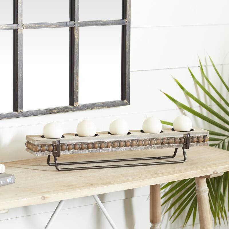 Brown Wooden Beaded Pillar 5 Plate Candelabra - Brown