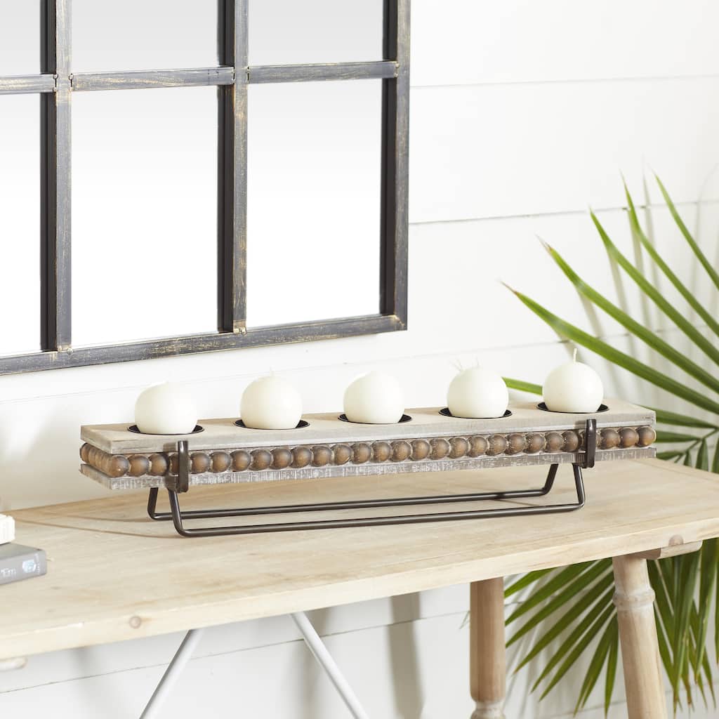 Brown Wooden Beaded Pillar 5 Plate Candelabra