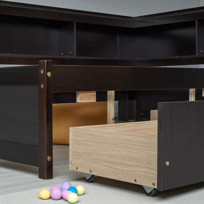 Full Size Bed with L-Shaped Bookcases, Power Outlets, USB Ports and 2 Storage Drawers