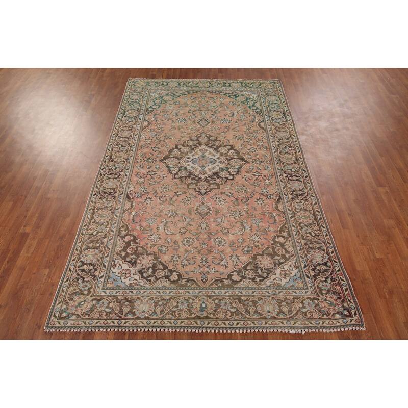 Traditional Mashad Persian Vintage Area Rug Handmade Wool Carpet - 6'5" x 10'1"