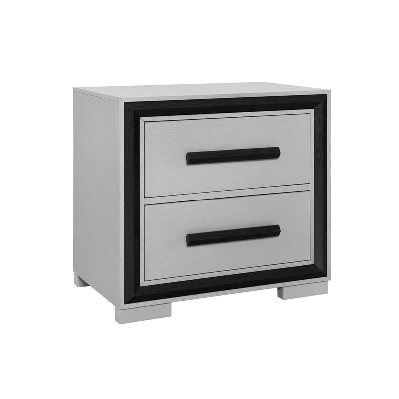 Sleek Silver Finish Nightstand with Black Drawer Pulls