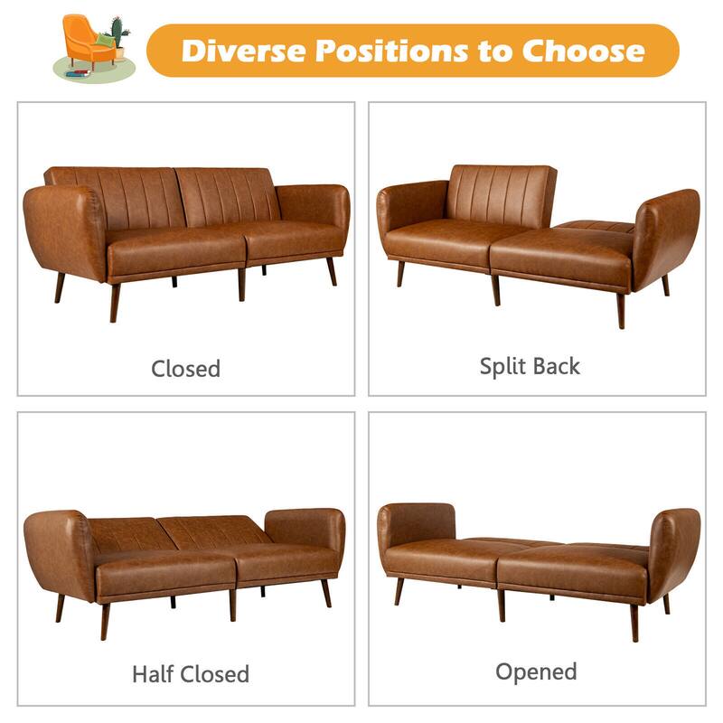 Gymax Convertible Futon Sofa Bed PU Adjustable Couch Sleeper w/Wood