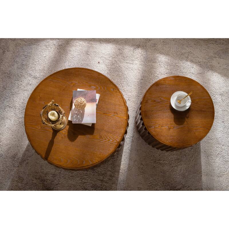 Set of 2 Fluted Round Coffee Table - Solid Wood & MDF Nesting Center Table (26.77"/19.69")