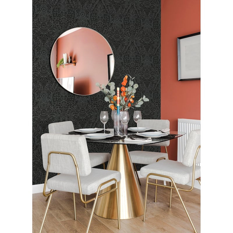 A-Street Prints Maris Charcoal Flock Damask Wallpaper