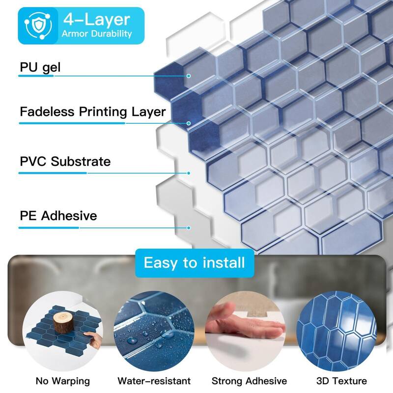 Art3d 10pcs Peel and Stick Backsplash Thickened Wall Tiles, 12''x12'', Cover 10 Sq.Ft.