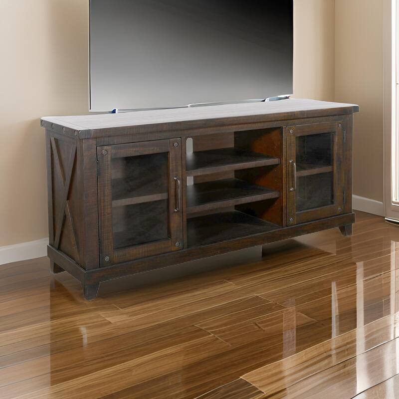 Anva TV Media Console, Shelves, Doors, Dark Brown Mahogany, 64 Inch