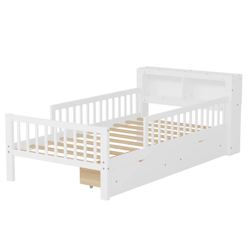 Twin Size Bed with Headboard Storage, Safety Guardrails, and Two Under-Bed Drawers