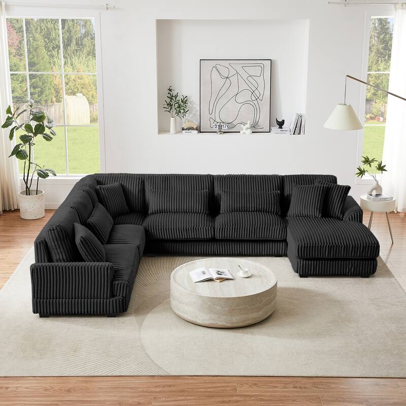 U-Shaped Sectional Sofa with Chaise Lounge, Oversized Corduroy Upholstered Sofa, 5 Seater Sofa with Removable Throw Pillows