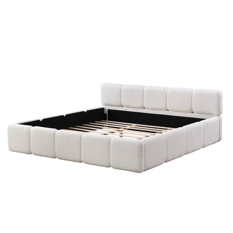Upholstered King Size Platform Bed with Boucle Headboard, White - Modern & Elegant Design